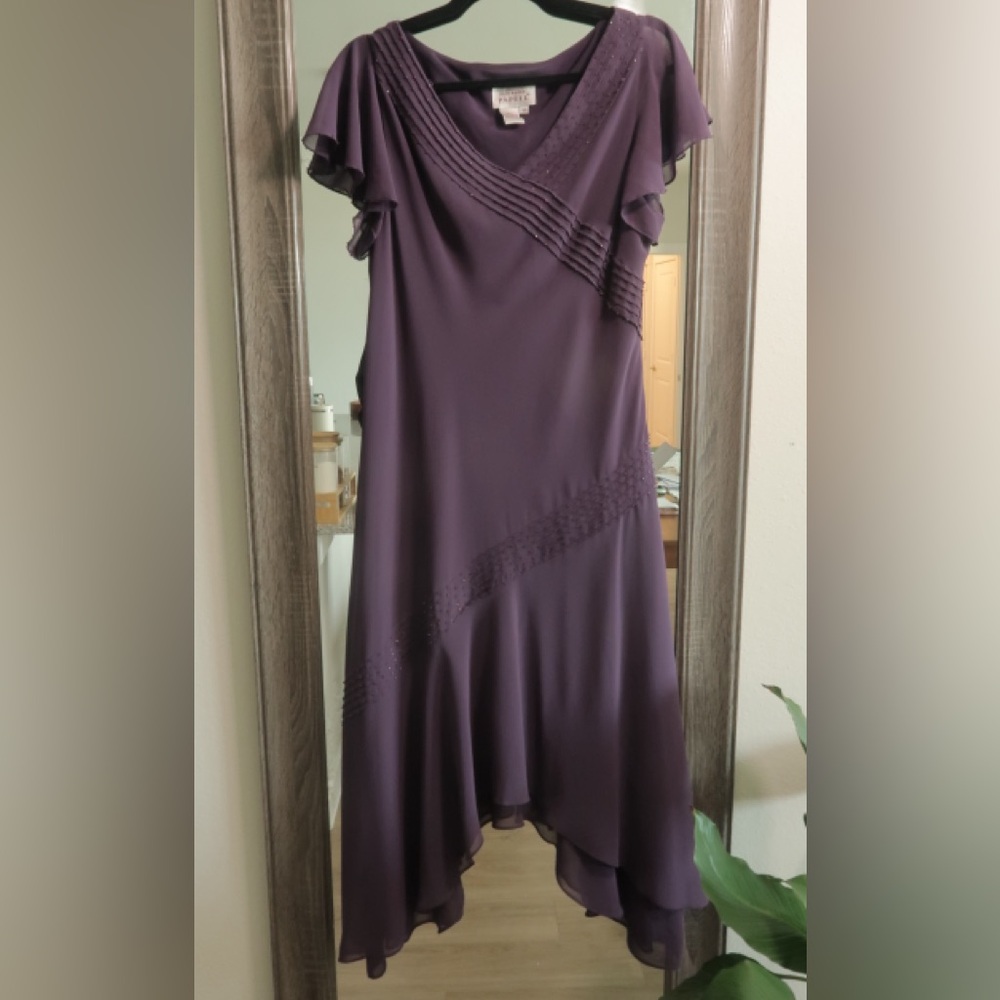 Adrianna Papell Purple Beaded Chiffon Asymmetrical Ruffle Midi Dress Size 14